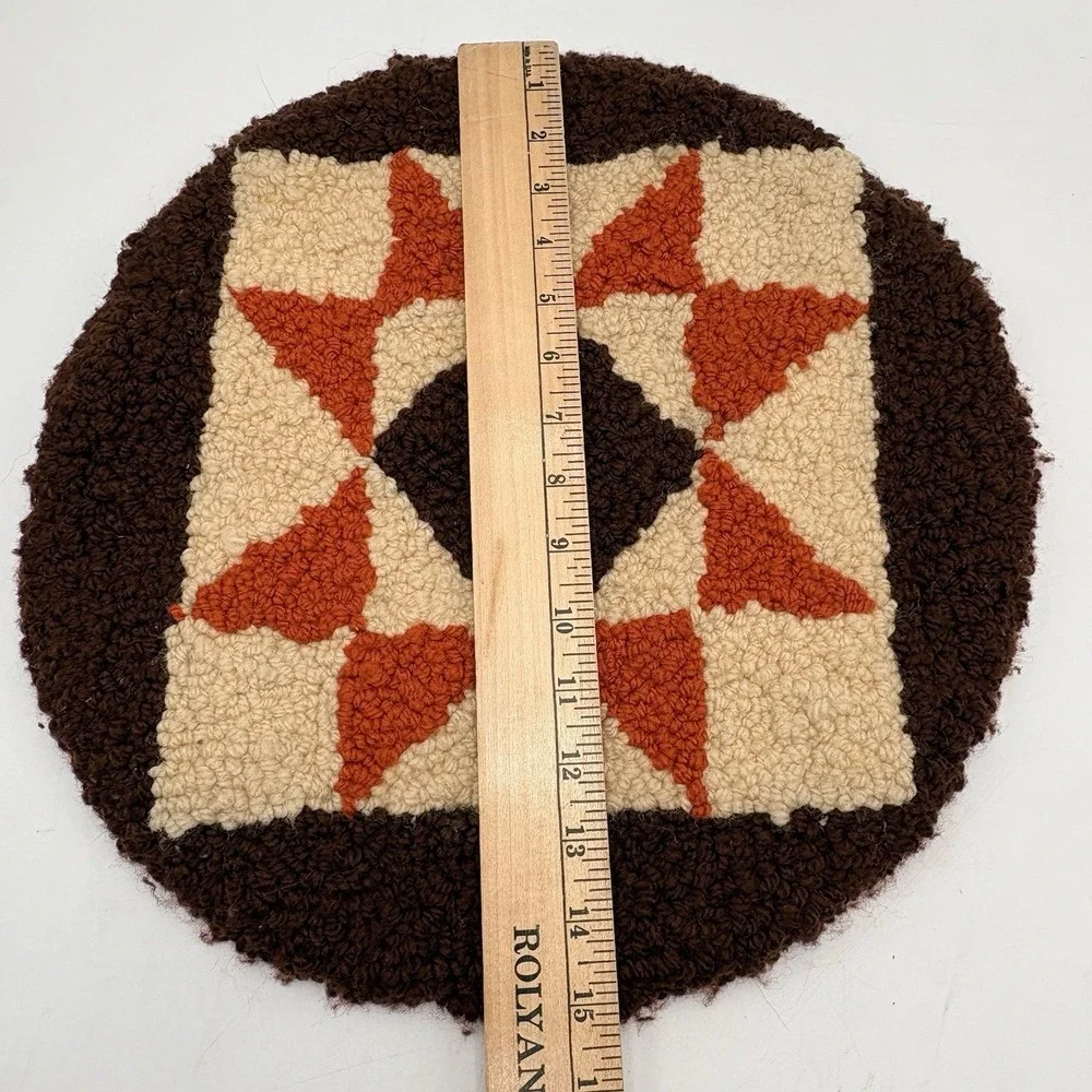 Vintage 70s Latch Hook Round Chair Pad Rug Brown‎ Orange Retro 16